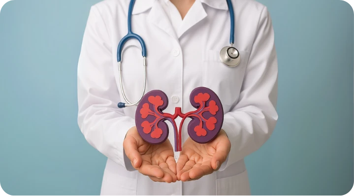 Doctor holding kidneys, medical supplies for dialysis